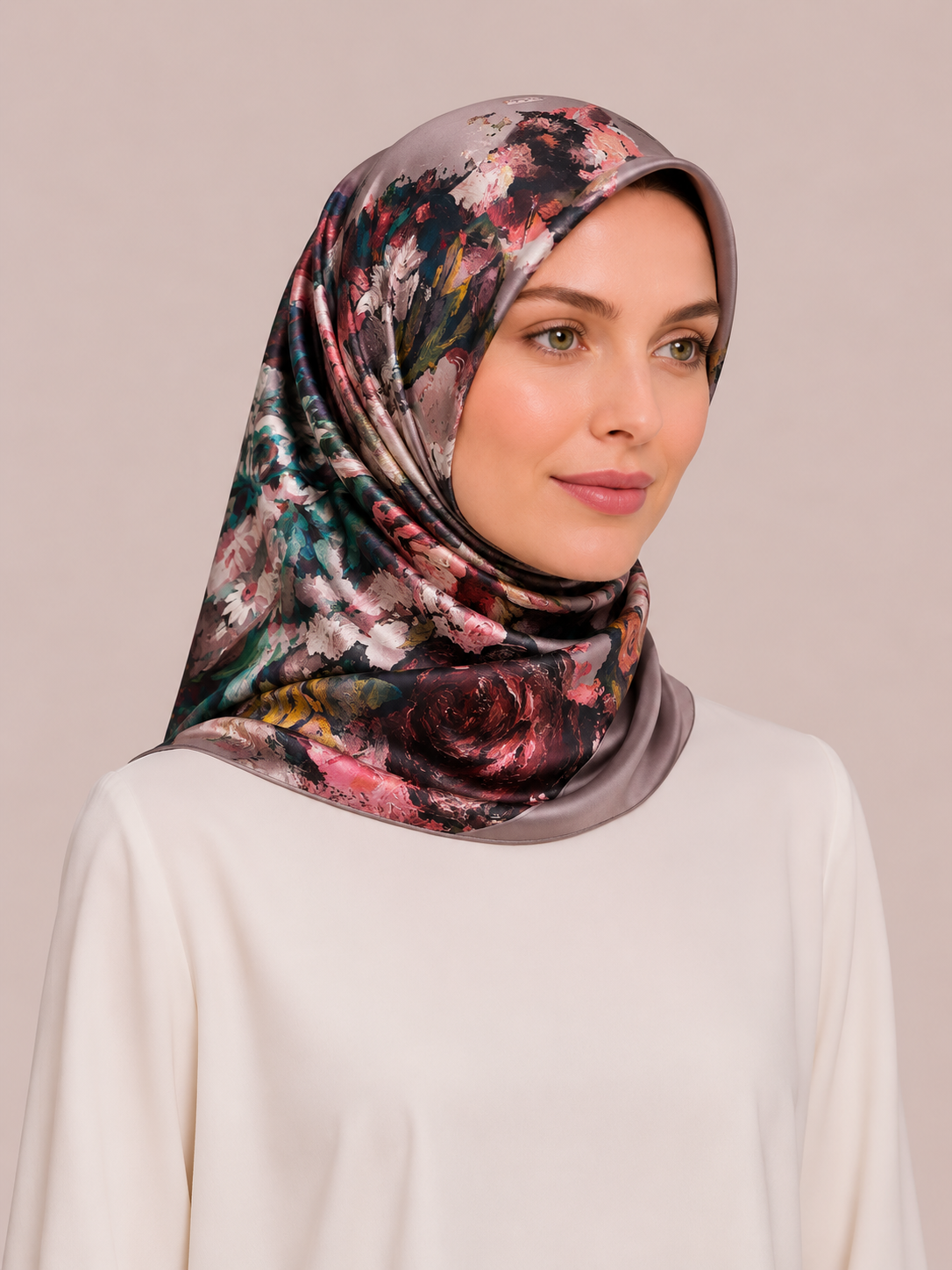Pierre Cardin Dusty Rose Flower Pattern Twill Silk Scarf 7660438-991