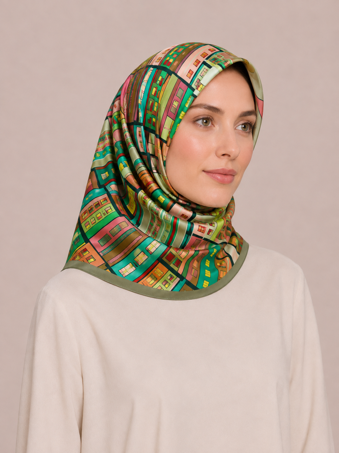 Pierre Cardin Satin Silk Scarf 37093 Green Mixed Pattern