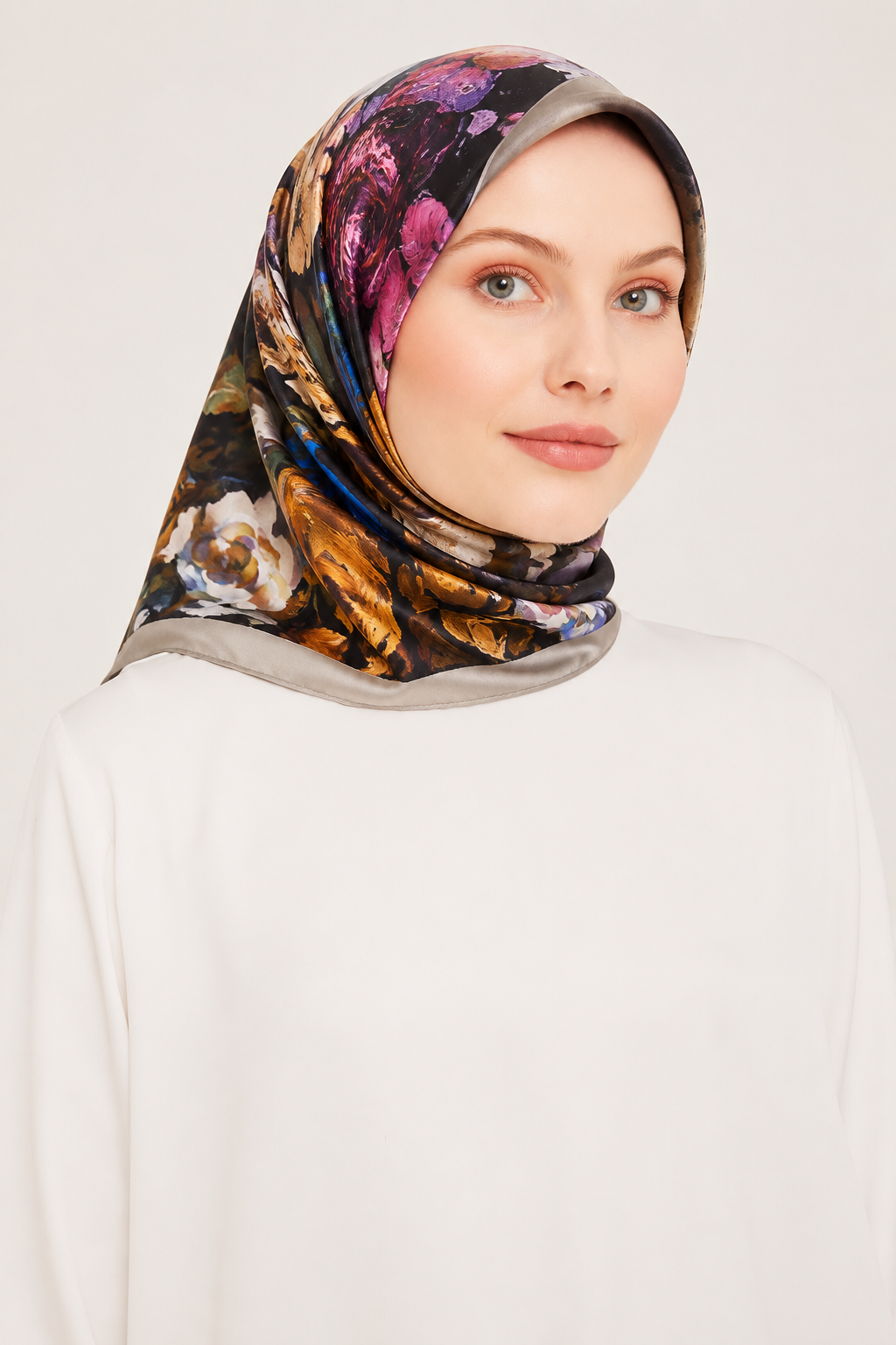 Pierre Cardin Tivil İpek Eşarp Gri Mor Karışık Desen