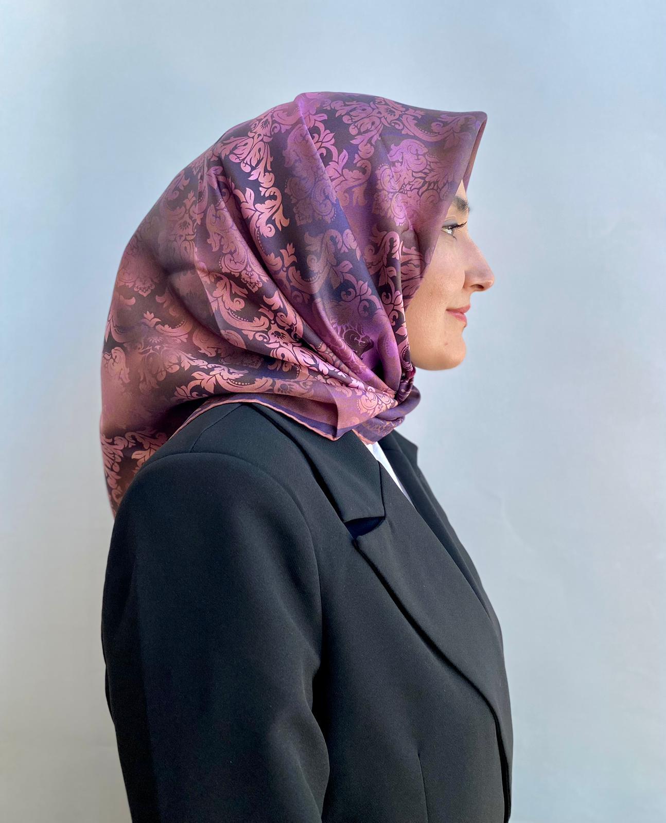 Gül Kurusu Zarif Vintage Desenli İpek Tivil Eşarp