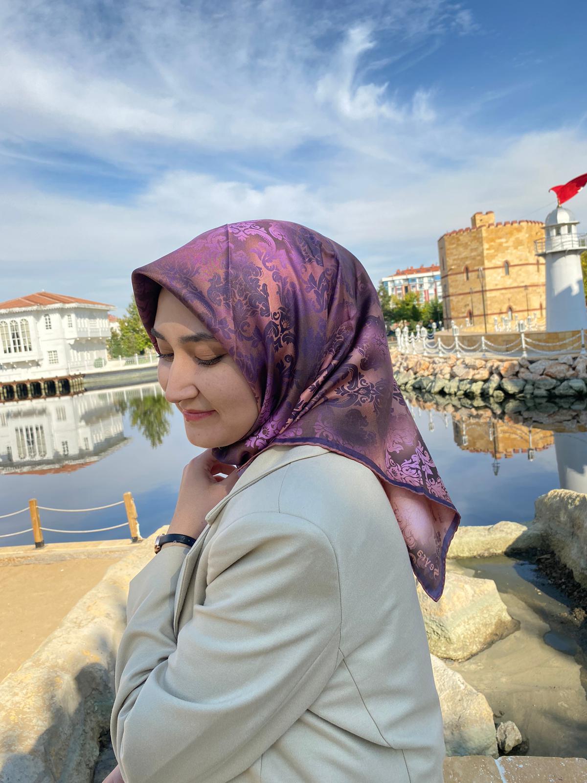 Gül Kurusu Zarif Vintage Desenli İpek Tivil Eşarp