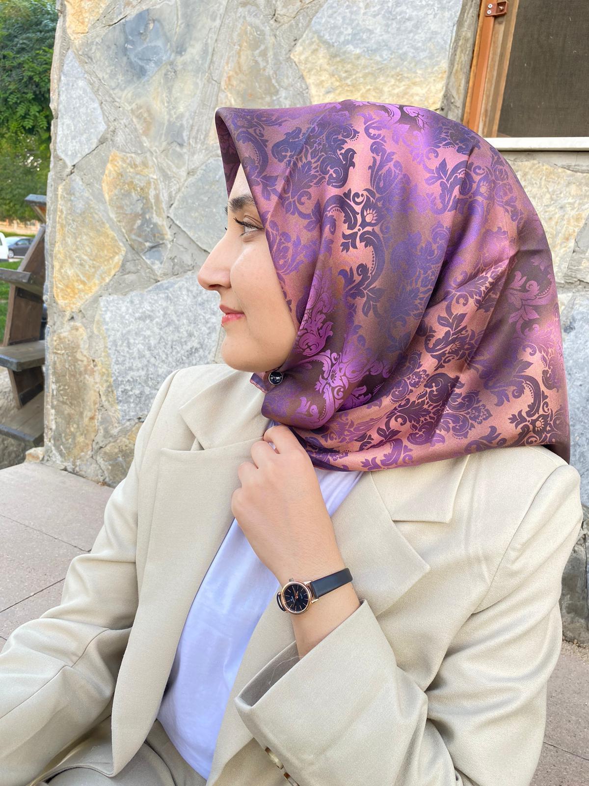Gül Kurusu Zarif Vintage Desenli İpek Tivil Eşarp