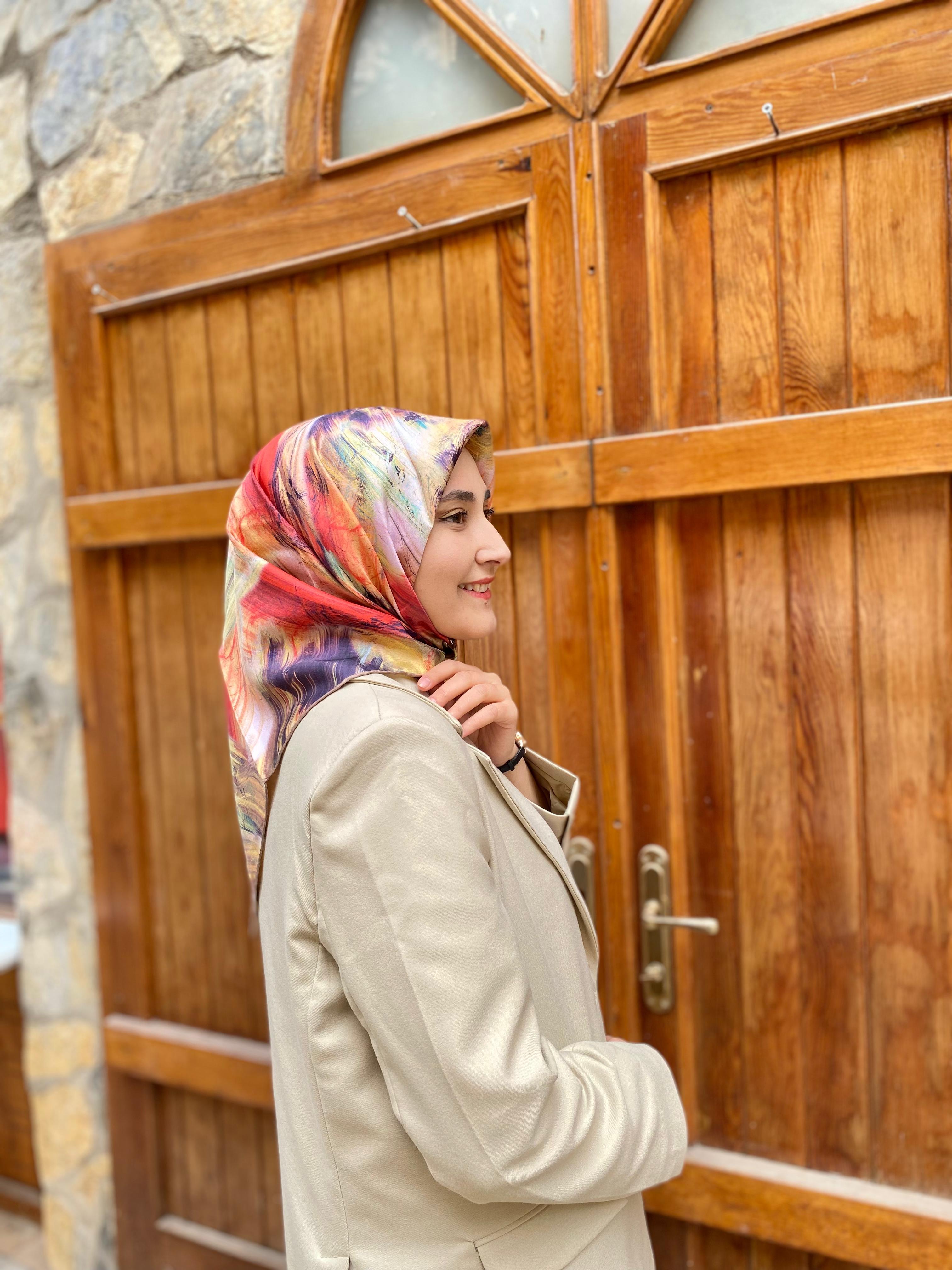Mercan Sarı Fırça Desenli Lüks İpek Tivil Eşarp