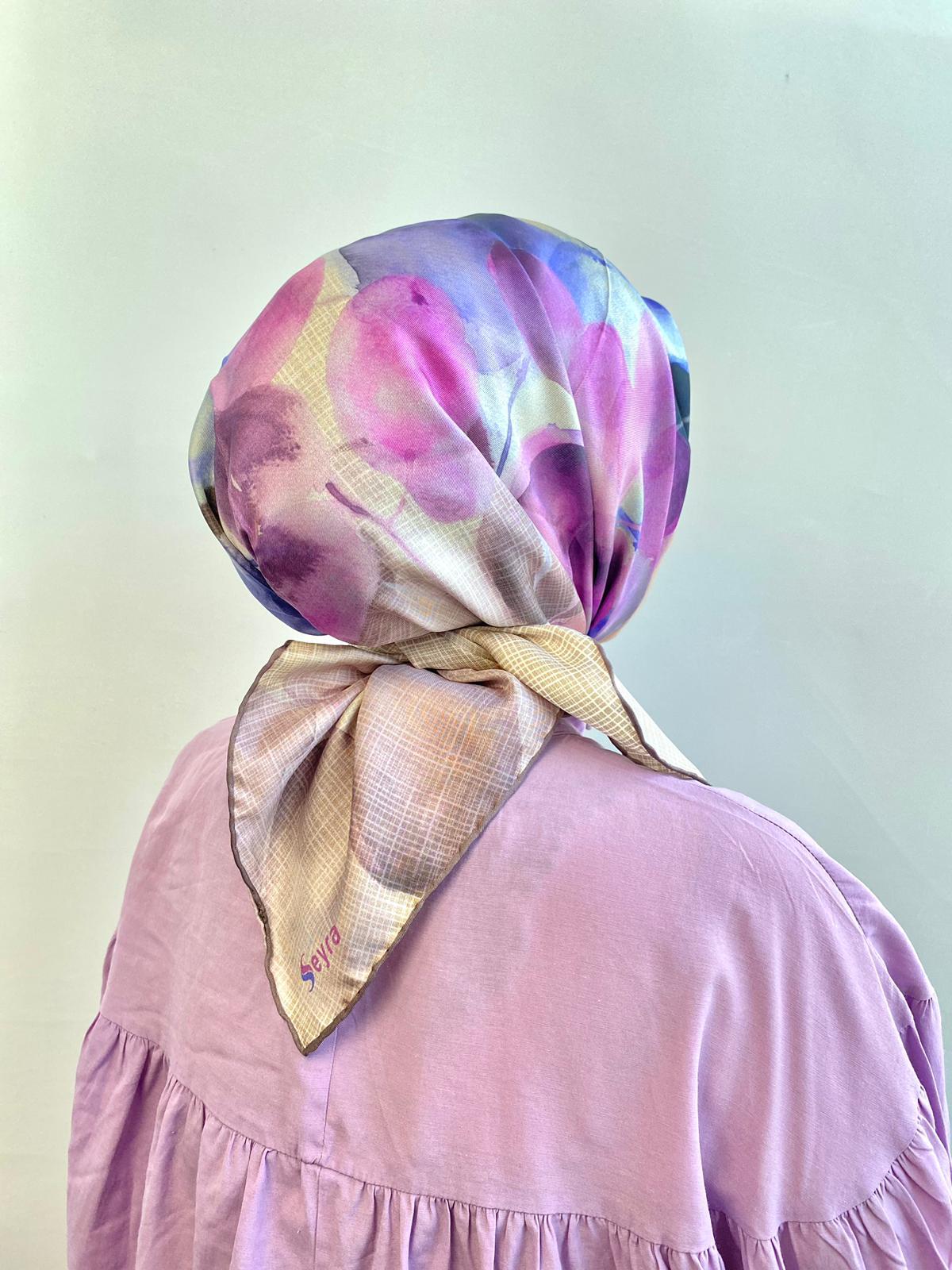Seyra Pastel Lila Soyut Yaprak Desenli Tivil İpek Eşarp