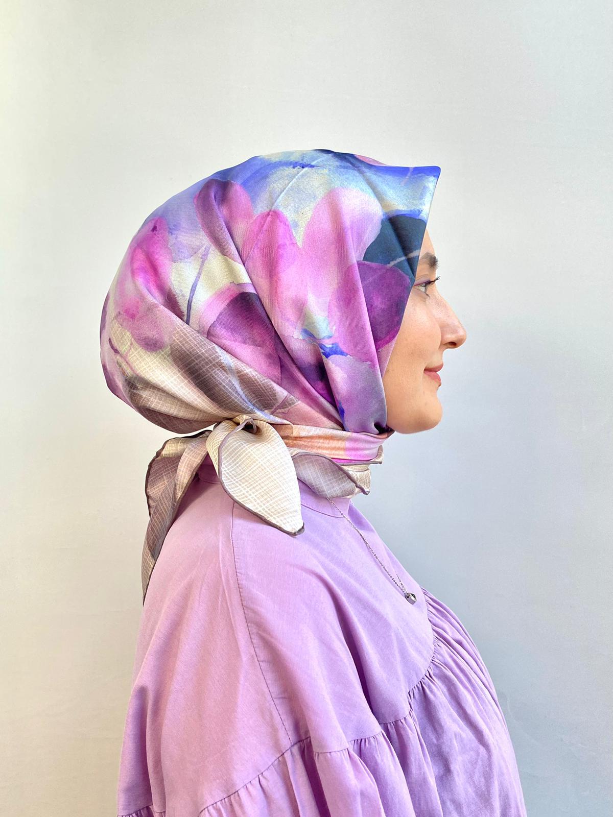 Seyra Pastel Lila Soyut Yaprak Desenli Tivil İpek Eşarp