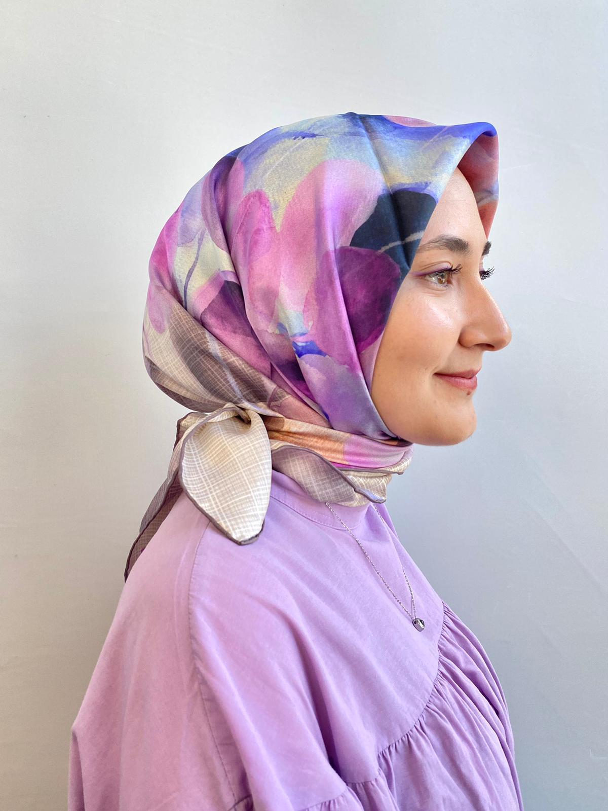 Seyra Pastel Lila Soyut Yaprak Desenli Tivil İpek Eşarp