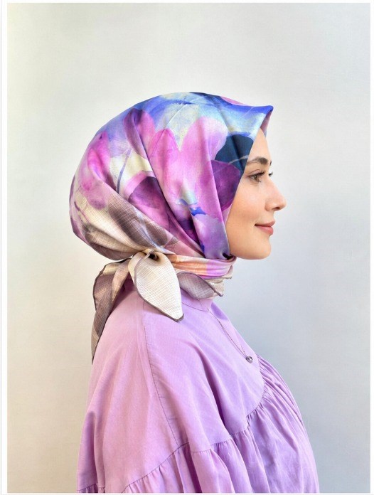 Seyra Nude-Lilac Abstract Leaf Pattern Twill Silk Scarf 3859