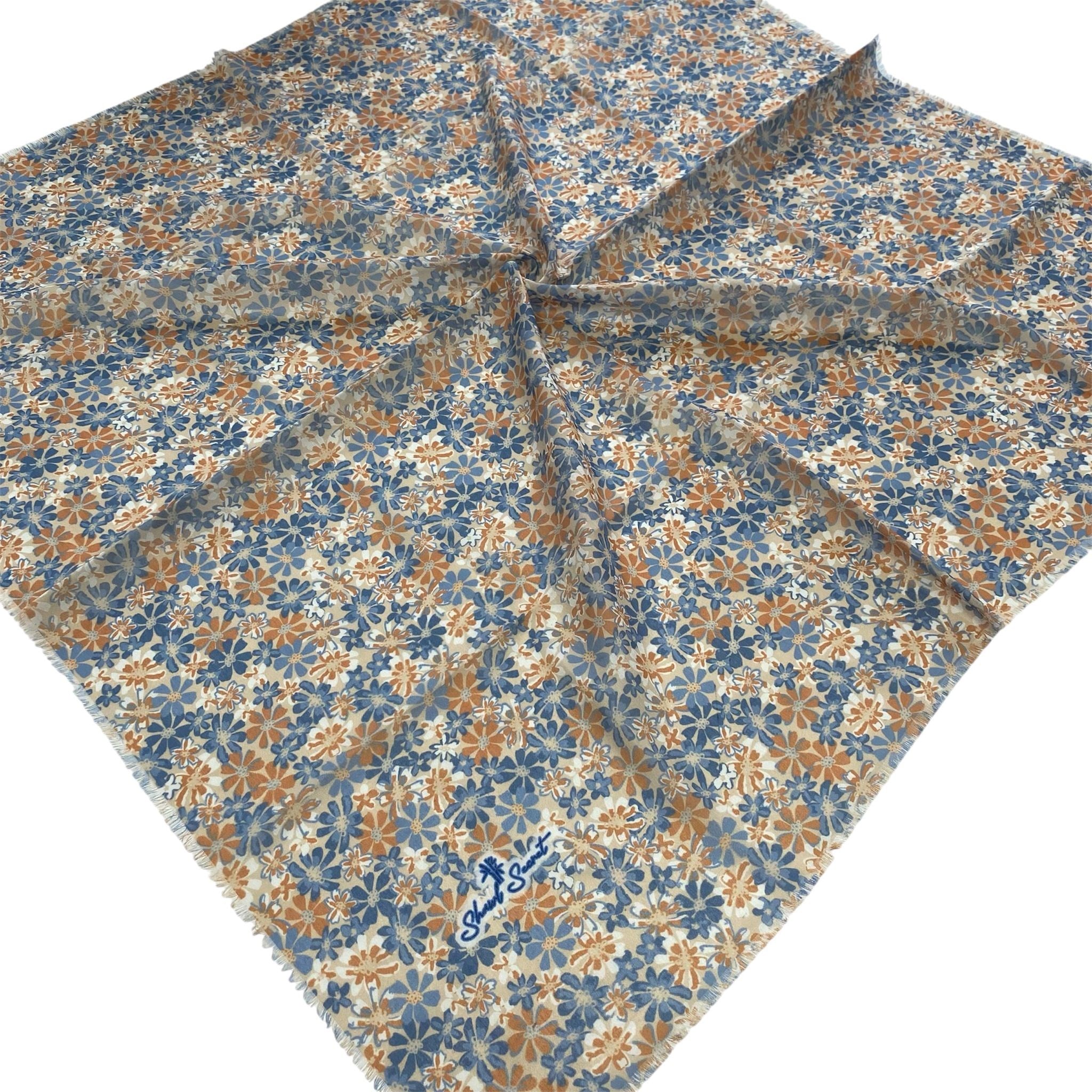 Shawl Secret Çiçek Desen Tülbent Mavi 55004