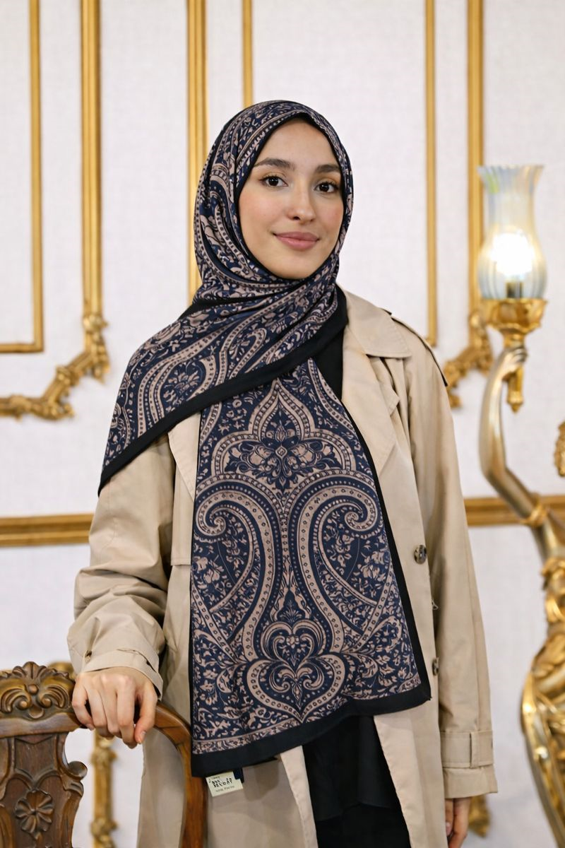 Shawl Secret Glamour Pamuklu Etnik Soft Şal 52831 Lacivert Krem Etnik Desen