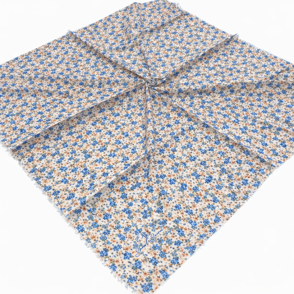 Shawl Secret Minimal Çiçek Desen Tülbent Açık Bej- Mavi 53911