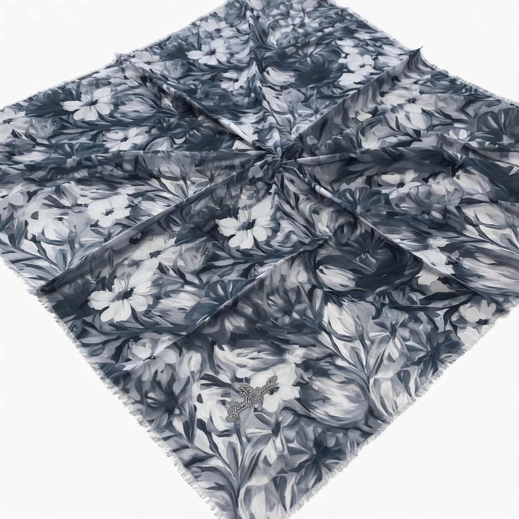 Shawl Secret Renkli Çiçek Desen Tülbent Beyaz-Füme 53916