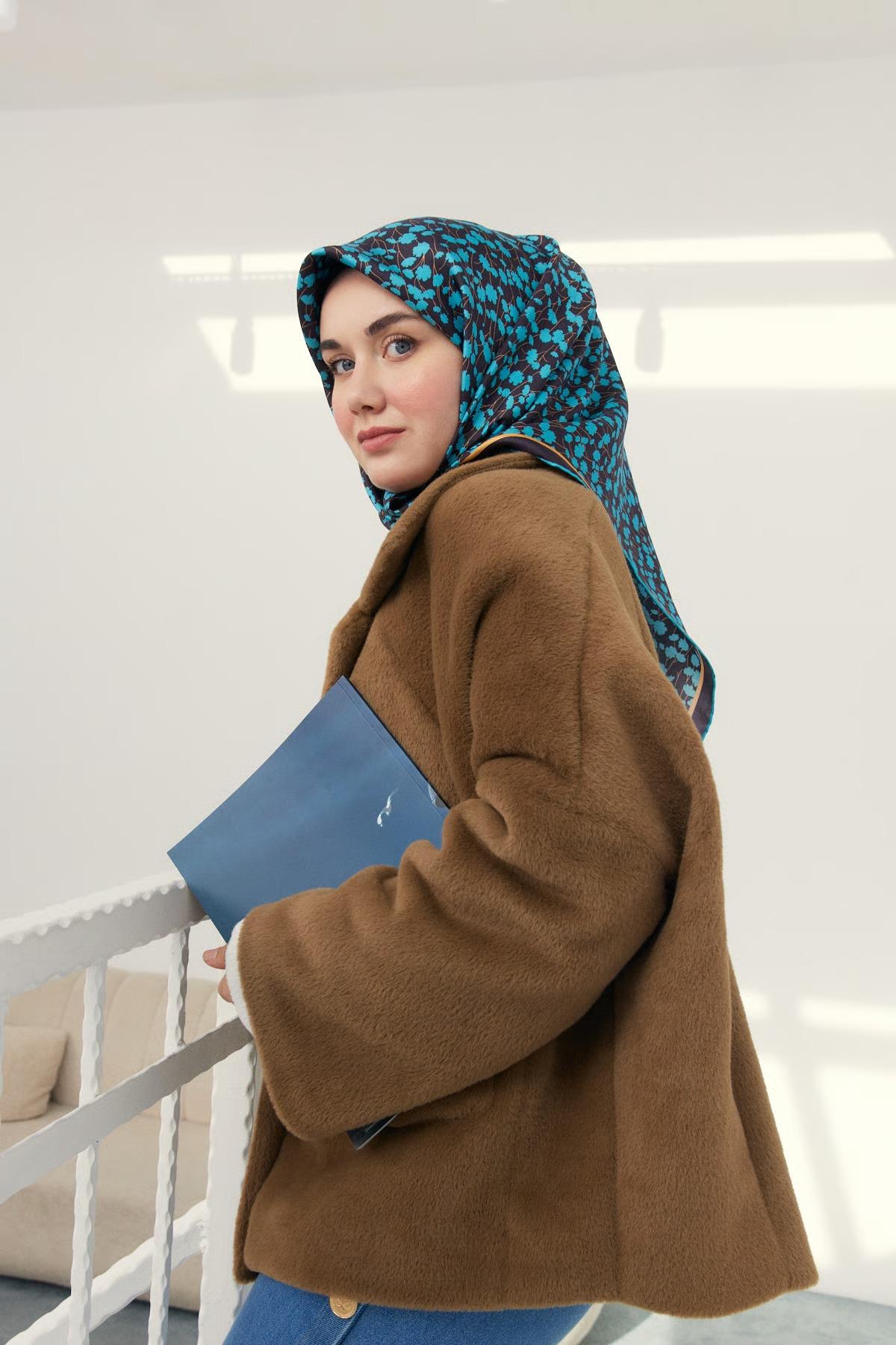 Antrasit Turkuaz Çiçek Desenli Lüks Tivil İpek Eşarp