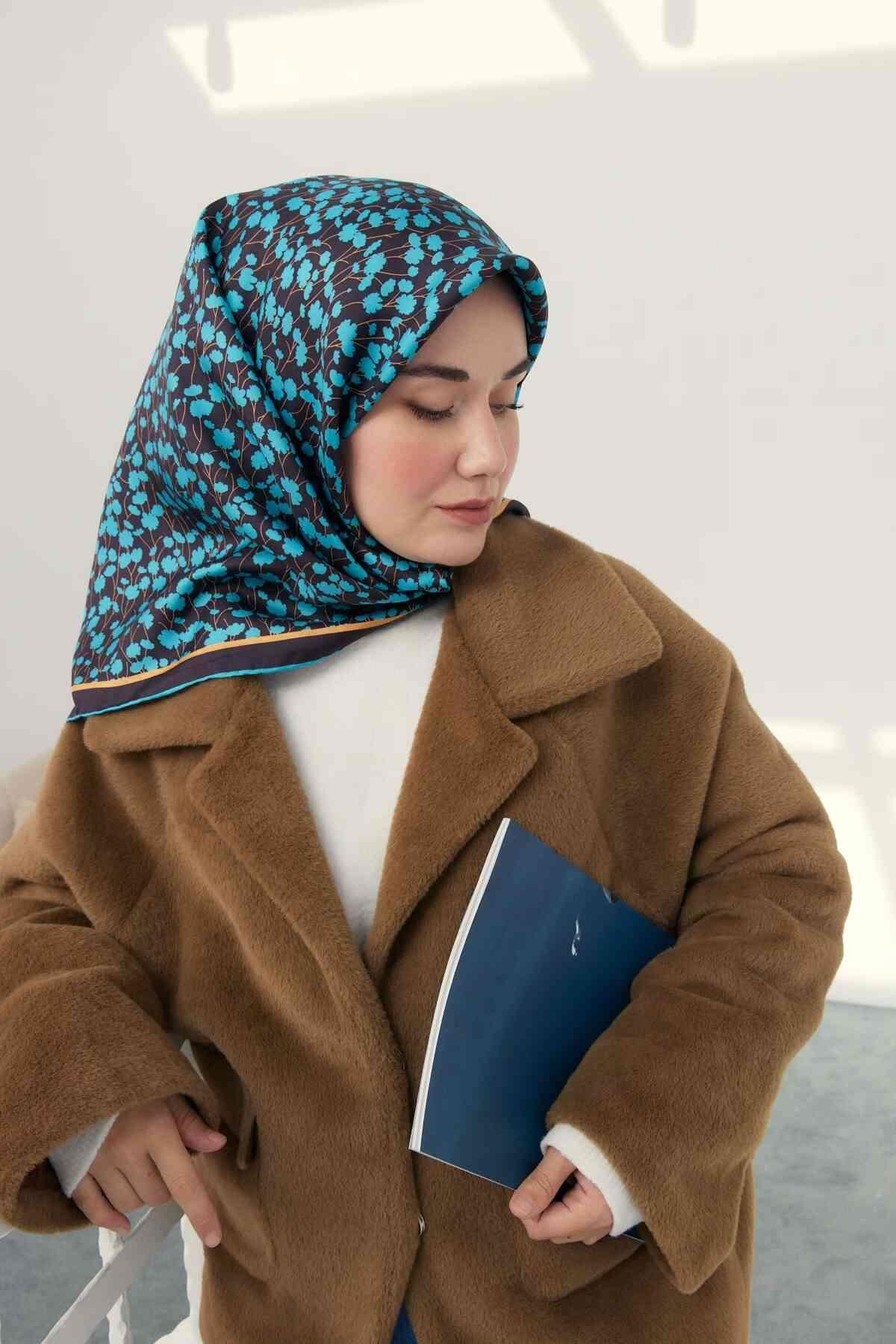 Antrasit Turkuaz Çiçek Desenli Lüks Tivil İpek Eşarp
