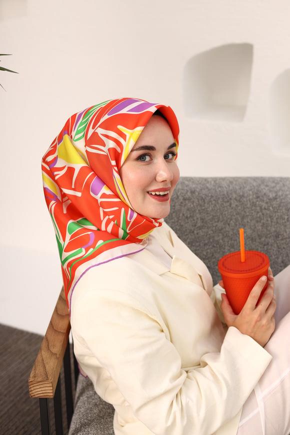Nar Çiçeği Geometrik Desenli Lüks Tivil İpek Eşarp