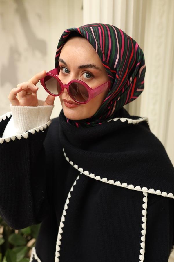 Lacivert ve Pembe Geometrik Desenli Tivil İpek Lüks Eşarp