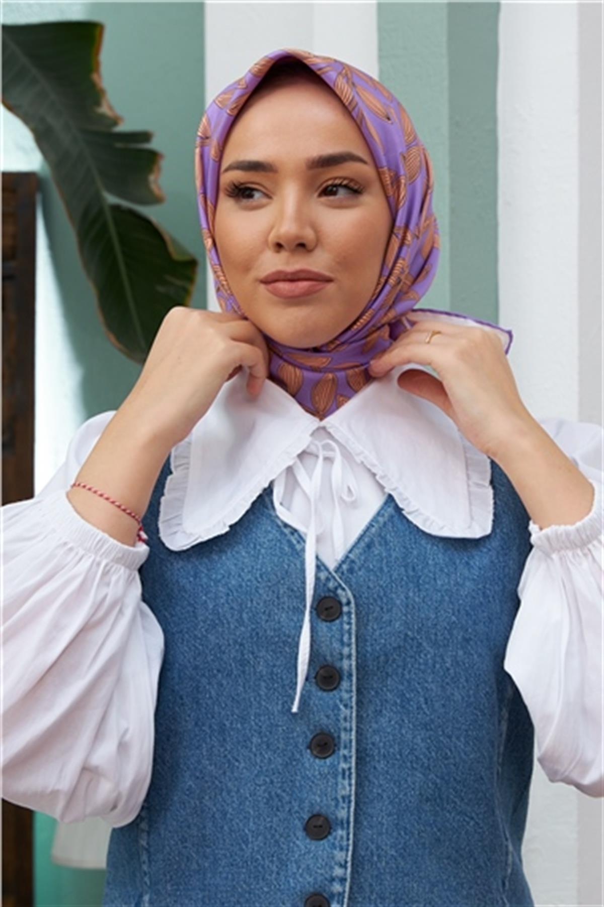 Lila Yaprak Desenli Lüks İpek Sura Eşarp 