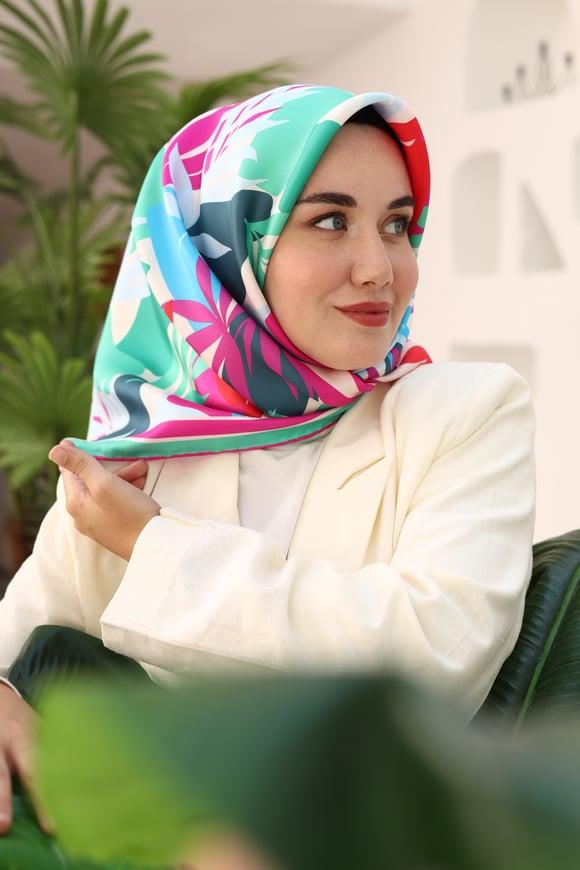 Doğal Yaprak Dokunuşu Mint Yeşili Beyaz Tivil İpek Eşarp
