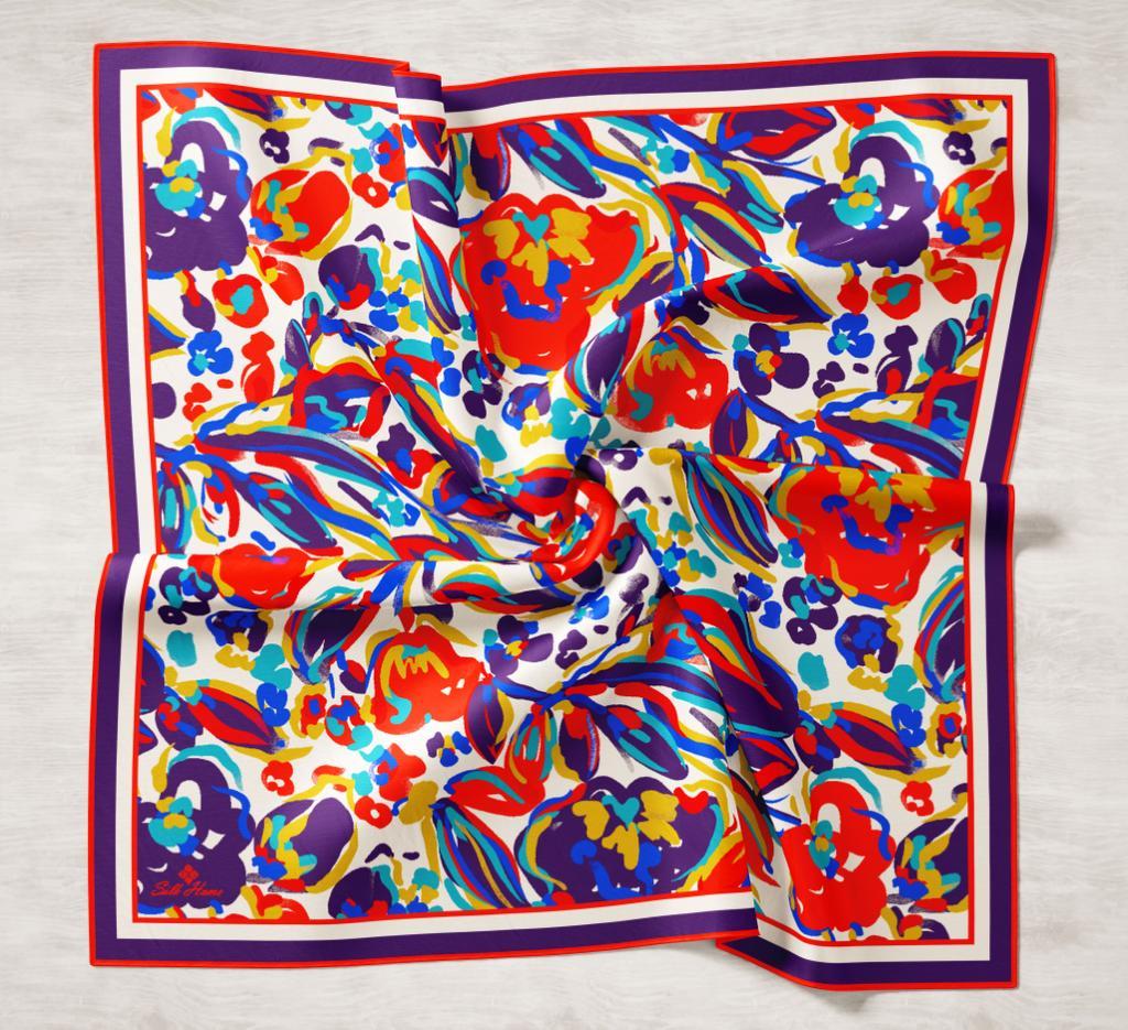 Mor Kırmızı Desenli Lüks Tivil İpek Eşarp Silk Home Koleksiyonu