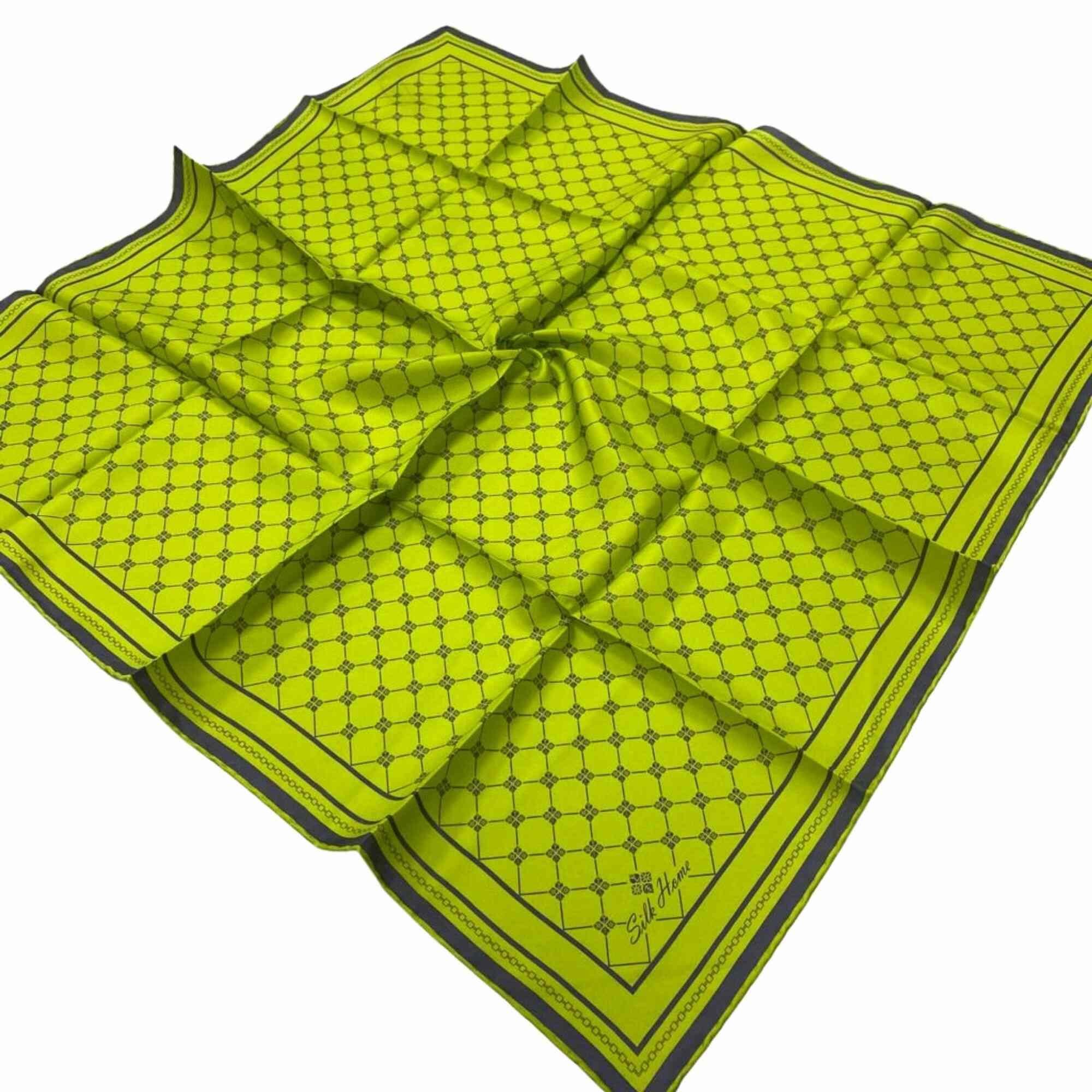 Neon Yeşil Monogram Desenli Tivil İpek Lüks Eşarp Silk Home