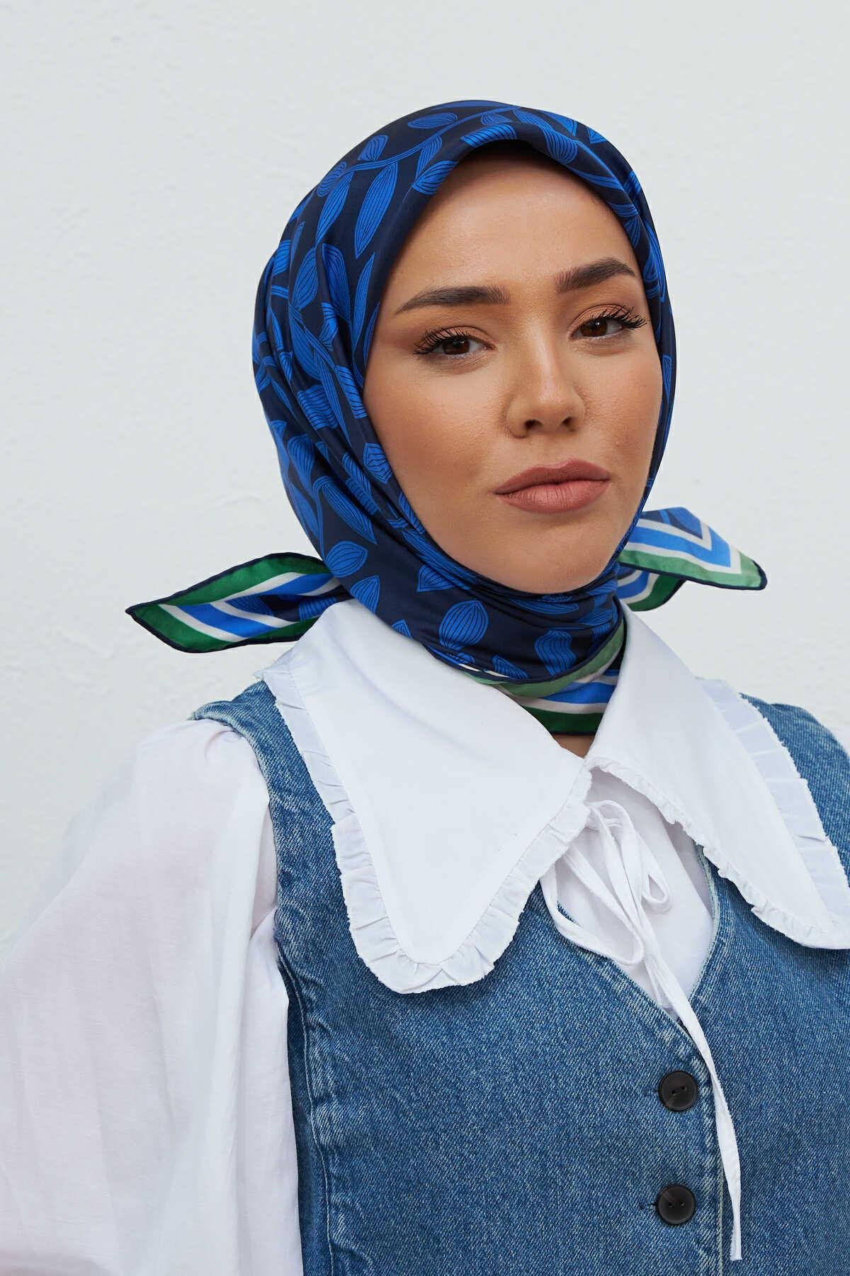 Saks Mavi Yapraklı Lüks Sura İpek Eşarp