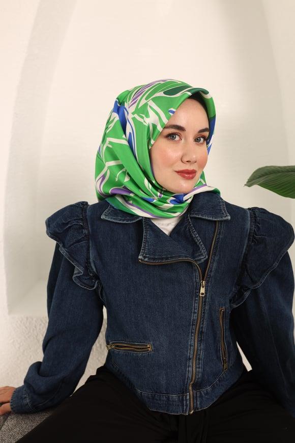 Geometrik Yaprak Desenli Saks Mavisi Lüks Tivil İpek Eşarp