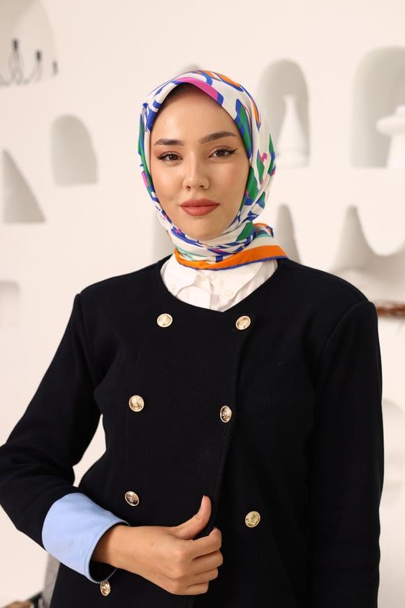 Sapphire Orange Geometric Leaf Pattern Silk Twill Scarf