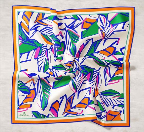Sapphire Orange Geometric Leaf Pattern Silk Twill Scarf