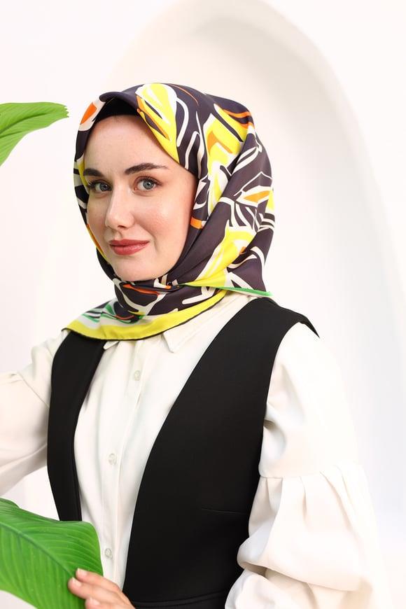 Geometrik Yaprak Desen Tivil İpek Sarı Beyaz Eşarp Luxury Silk Collection