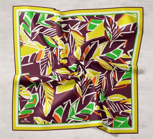 Geometrik Yaprak Desen Tivil İpek Sarı Beyaz Eşarp Luxury Silk Collection