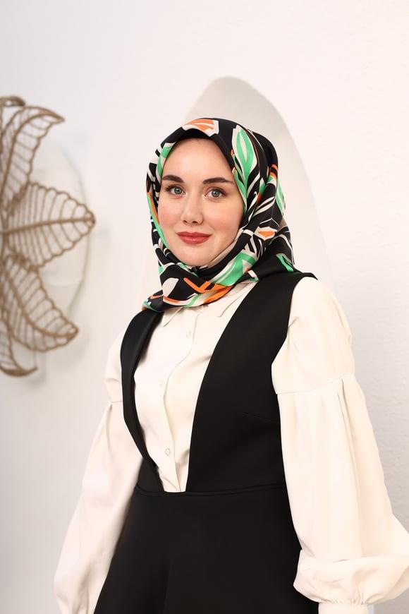 Lüks Siyah Vizon Geometrik Desenli Yaprak İpek Eşarp
