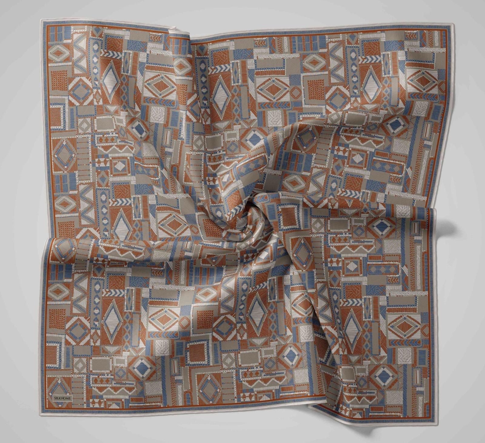 Silk Home Soft Eşarp IST 04265 - 11 Sax Mavisi - Turuncu Geometrik Desen 
