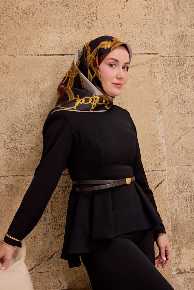 Silk Home Tivil İpek Eşarp 11533 - 01 Siyah - Gri  Zincir Desen