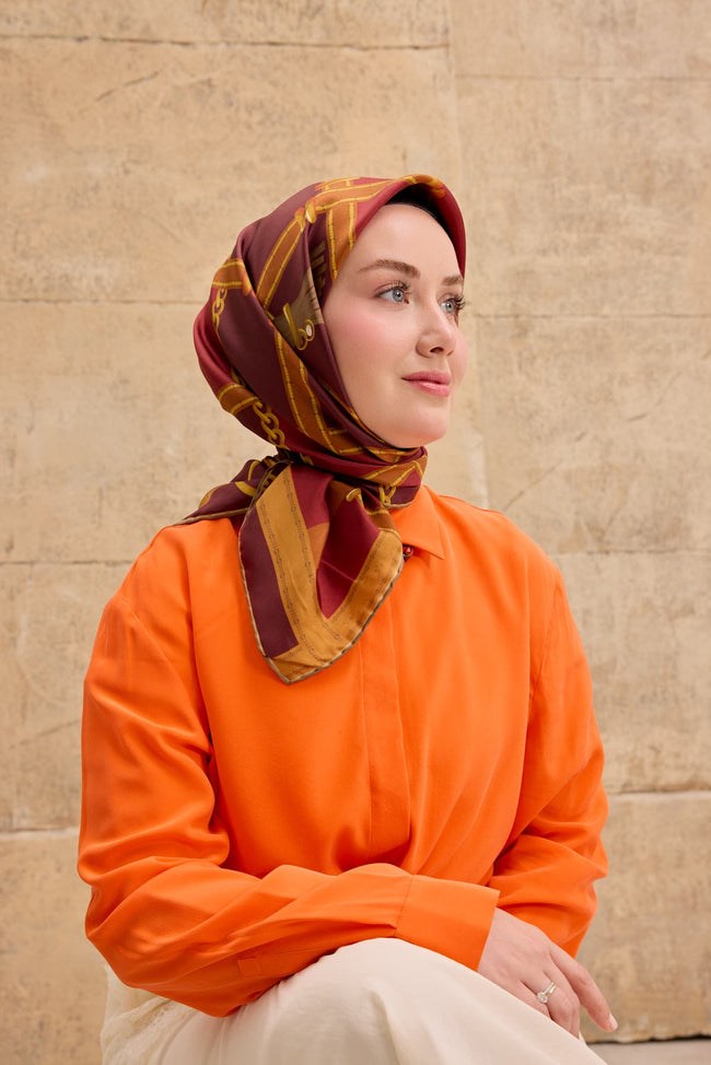 Silk Home Tivil İpek Eşarp 11533 - 02 Bordo - Taba  Zincir Desen