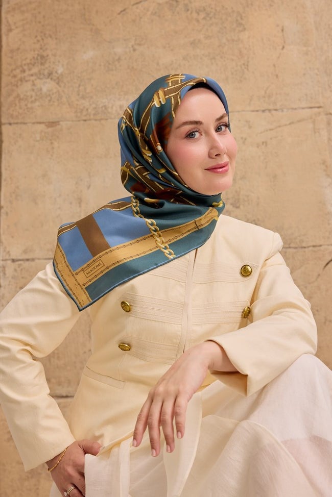 Silk Home Tivil İpek Eşarp 11533 - 06 Turkuaz - İndigo  Zincir Desen