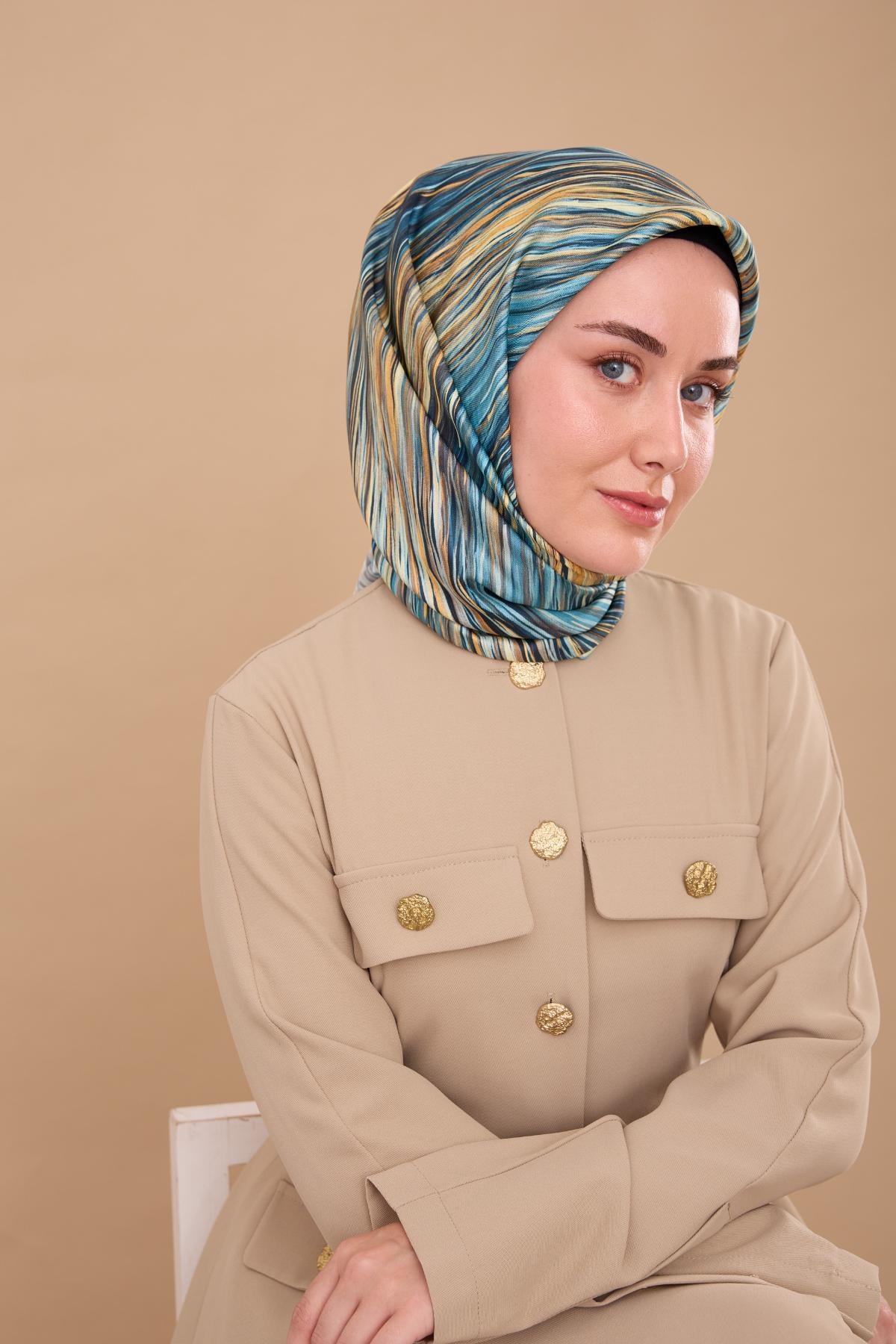 Silk Home Tivil Saf İpek 11484 - 34 Yeşil Krem Çizgi Desen