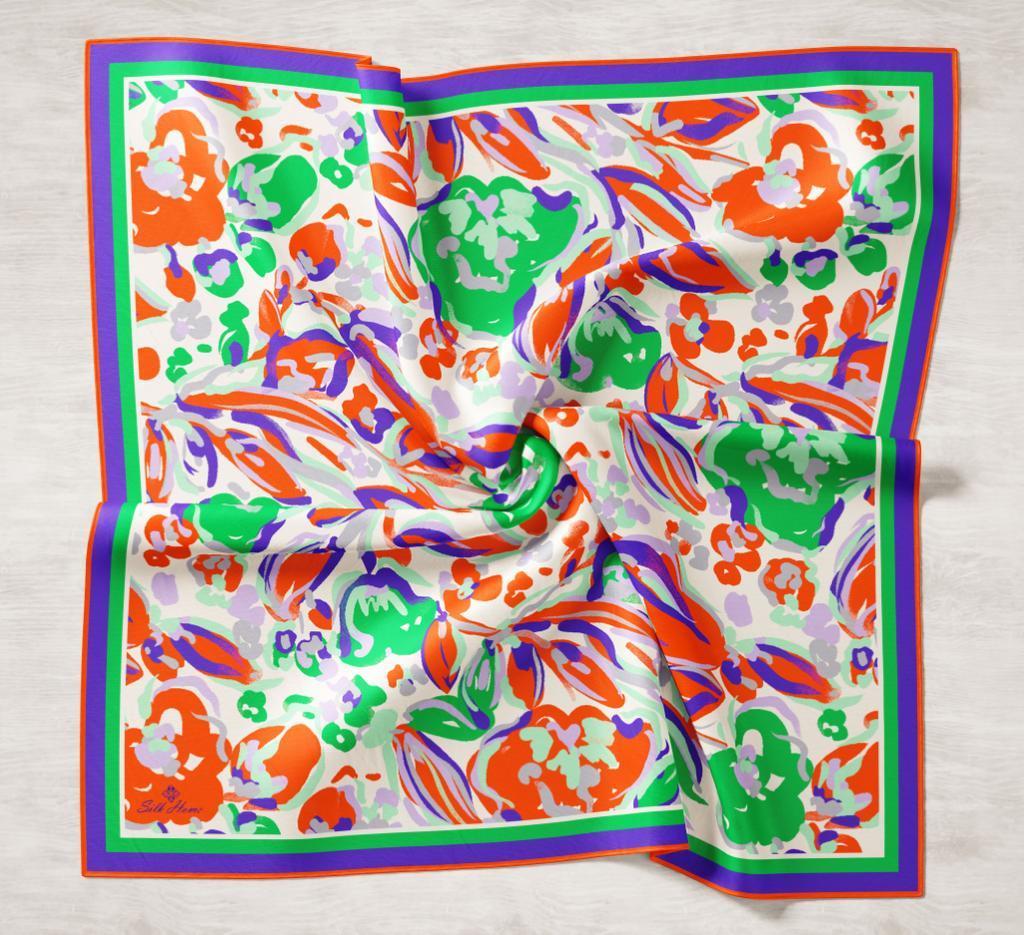 Silk Home Turuncu-Mor Desenli Tivil İpek Eşarp 11405-49