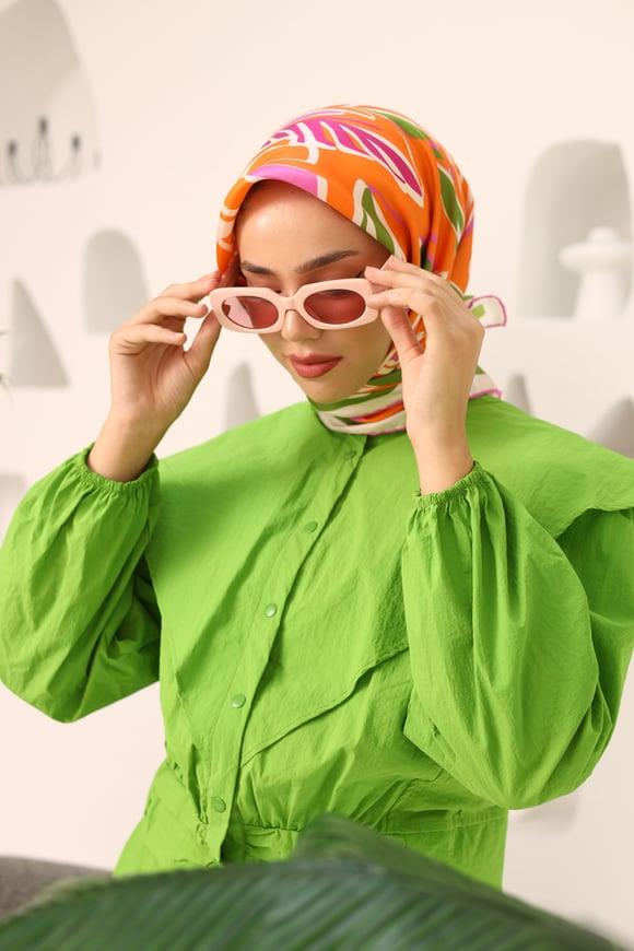 Geometrik Yaprak Desenli Turuncu Yeşil Tivil İpek Eşarp Silk Home