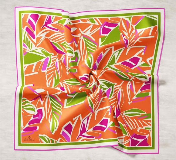 Geometrik Yaprak Desenli Turuncu Yeşil Tivil İpek Eşarp Silk Home