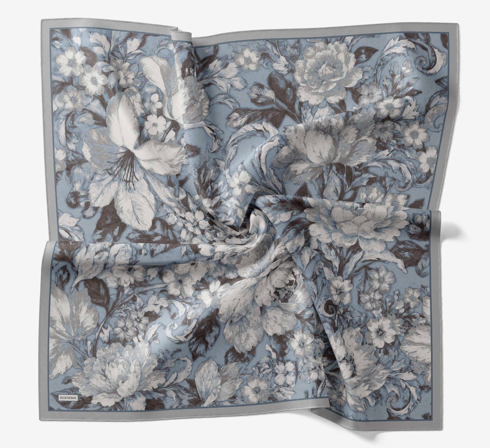 Silk Home Velora Eşarp IST Gri - İndigo  Çiçek Desen