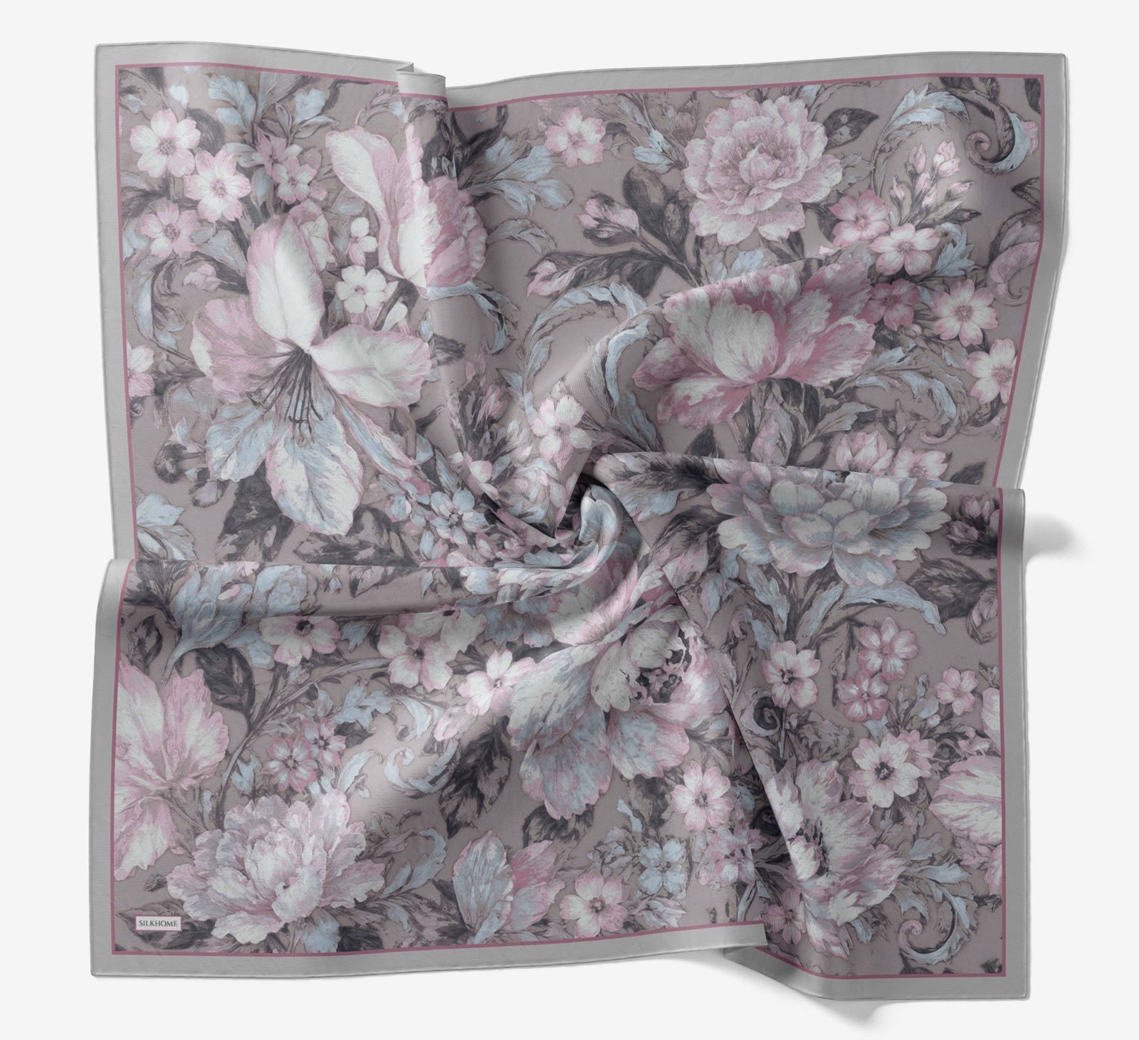 Silk Home Velora Eşarp IST Gri - Mürdüm  Çiçek Desen