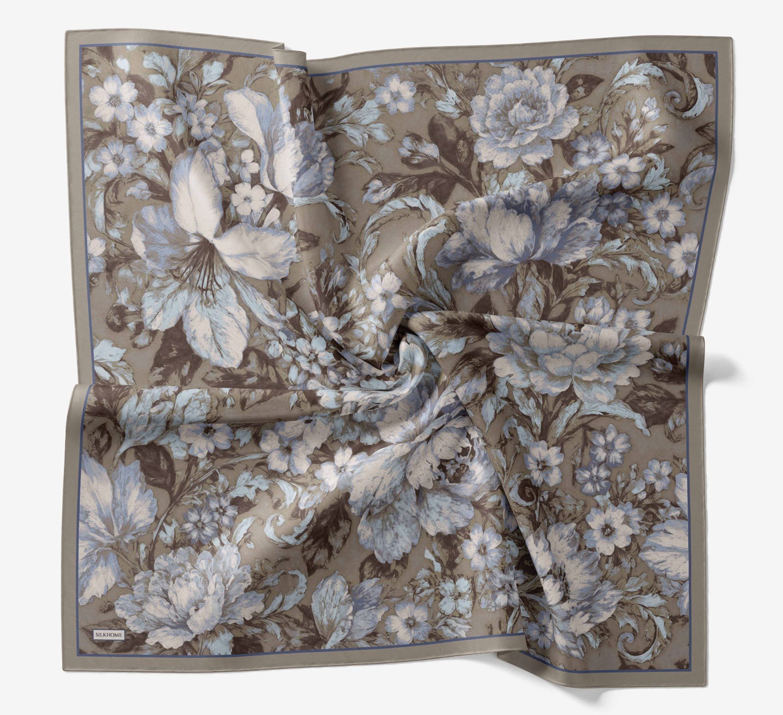 Silk Home Velora Eşarp IST Koyu Vizon - Mavi Çiçek Desen