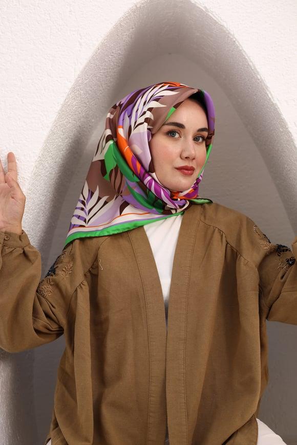 Yeşil Mor Yaprak Desenli Tivil Saf İpek Eşarp