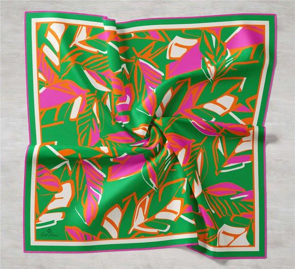 Doğal Yeşil Pembe Geometrik Modern Yaprak Desenli İpek Eşarp Tivil Lüks Aksesuar