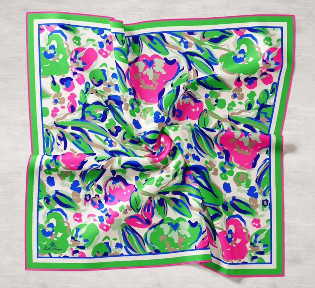 Yeşil ve Saks Mavi Desenli Lüks Tivil İpek Eşarp Silk Home