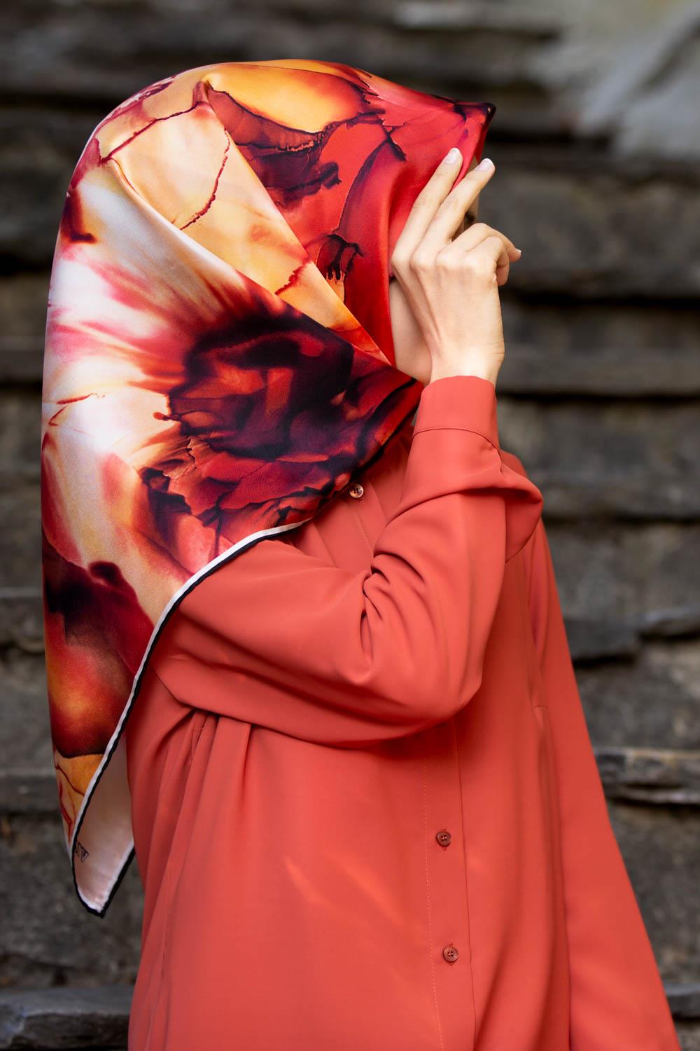 Vissona Ekru Somon Batik Desen İpek Eşarp