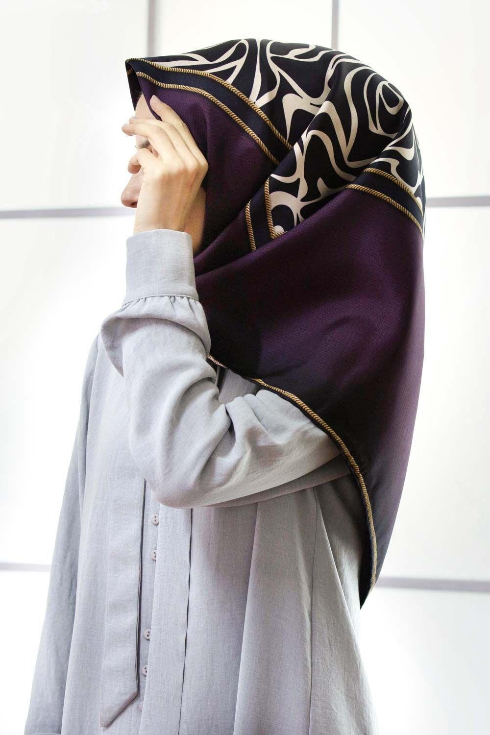Elegant Zebra Desenli Lacivert Mürdüm İpek Eşarp