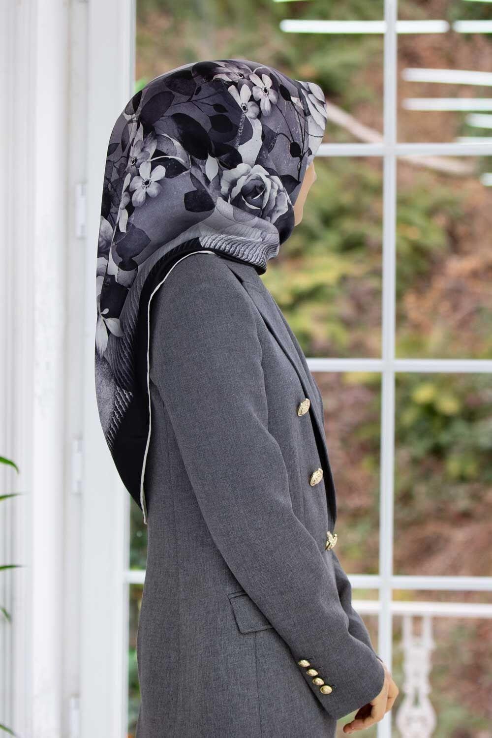 Vissona Siyah Gri Çiçek Desenli Lüks Tivil İpek Eşarp Elegance Güzellik