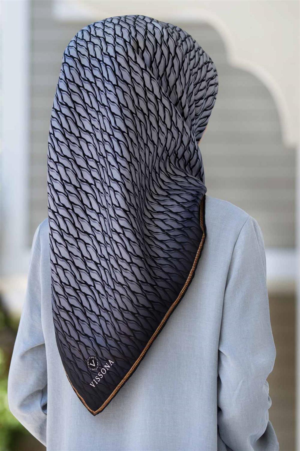 Klasik Gri Siyah İpek Eşarp Zarif Desen