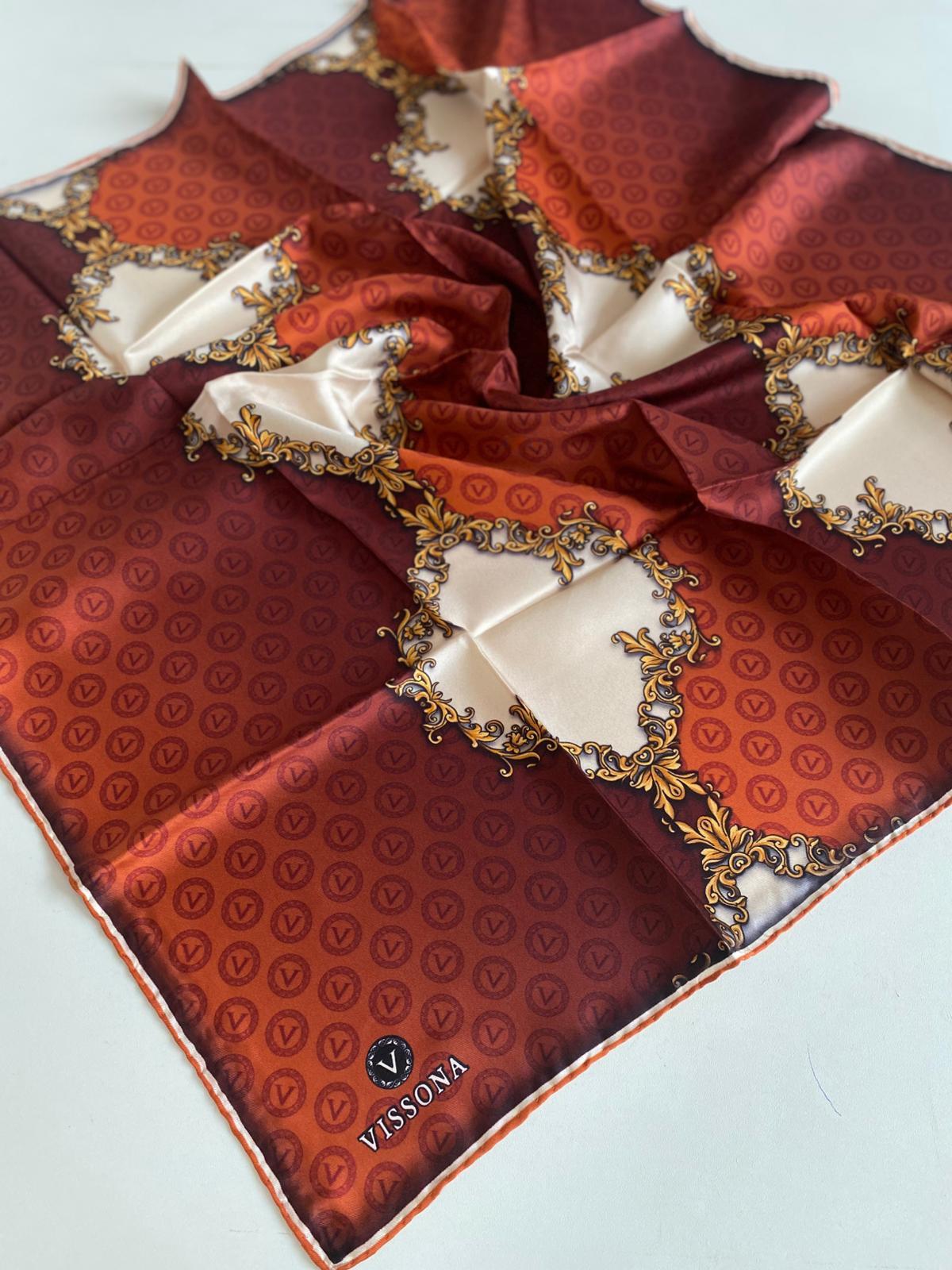 Vissona Tivil İpek Eşarp 14245 - 0014 - 0003 Taba Krem Monogram Desen