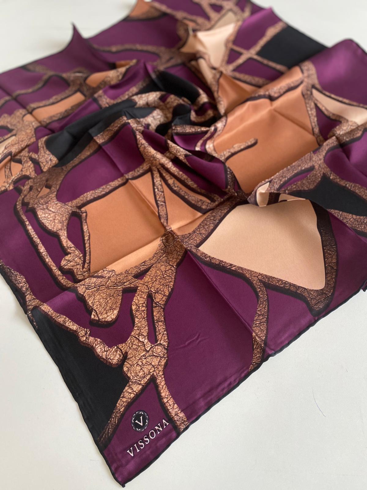 Vissona Tivil İpek Eşarp 14245 - 0018 - 0001 Bordo Siyah Monogram Desen